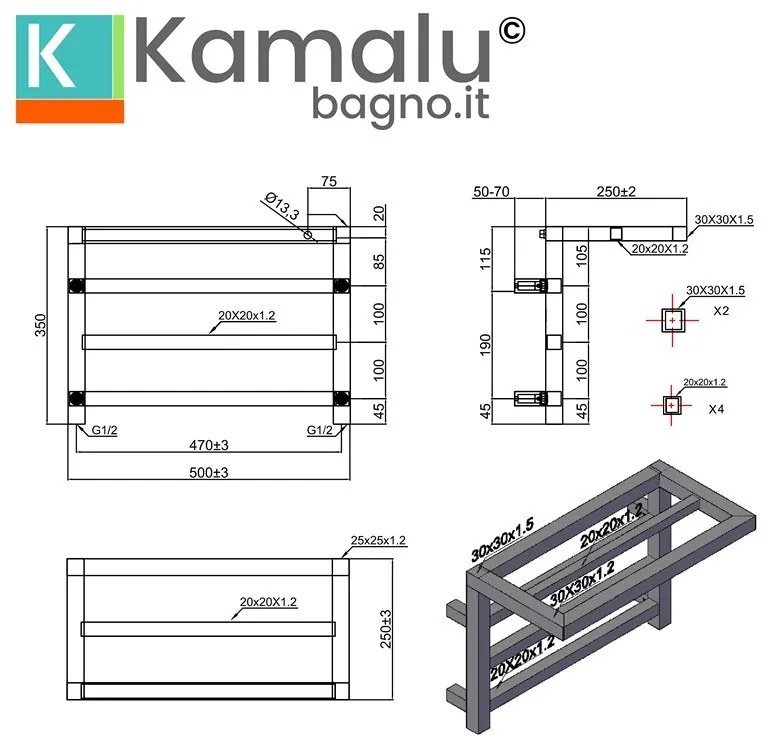 Kamalu - scaldasalviette termoarredo mensola 350x500mm modello kam-d1000