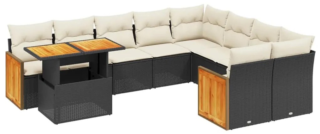 Set divani da giardino 10pz con cuscini in polyrattan nero