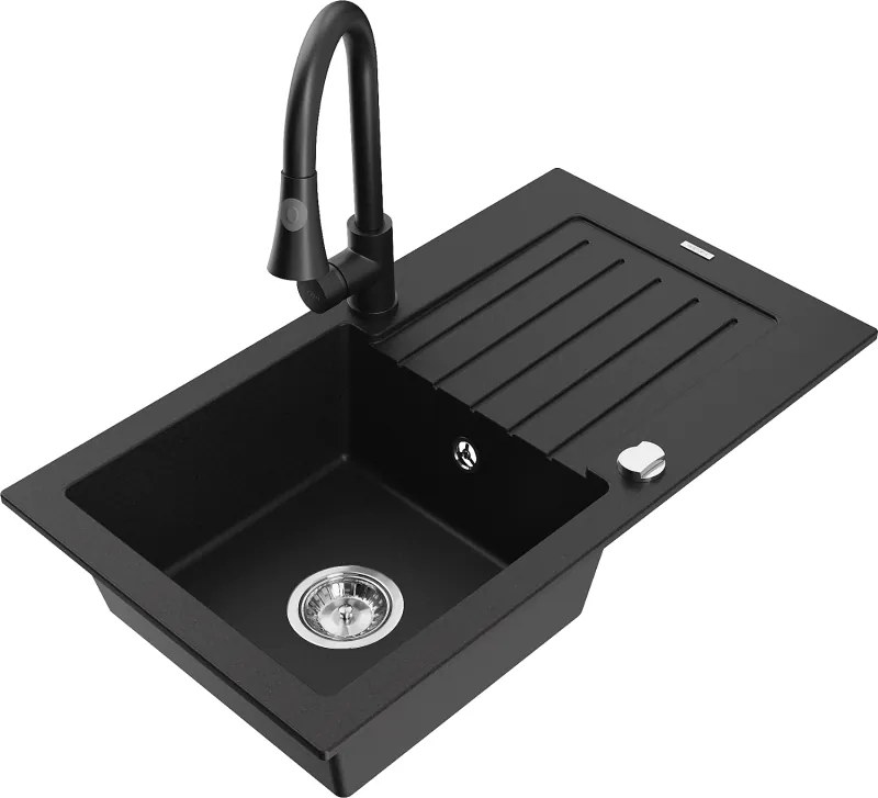 Mexen Pablo lavello in granito a 1 vasca con scolapiatti e rubinetto da cucina Elia, nero - 6510-77-670101-70