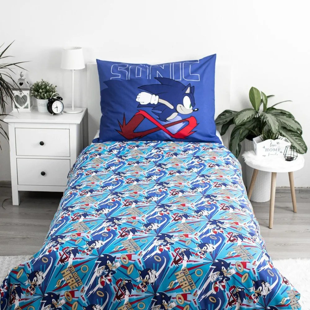 Set copripiumino e federa da bambini blu in cotone per letto singolo 140x200 cm Sonic "Let´s go" – Jerry Fabrics