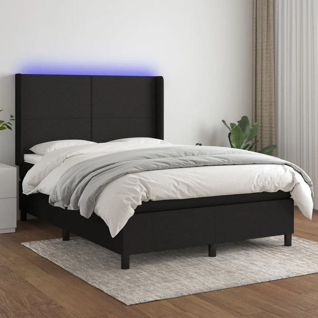 Letto a molle con materasso e led nero 140x200 cm in tessuto