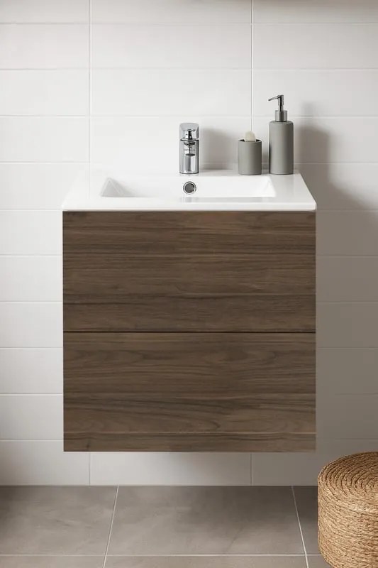 Mobile da bagno sospeso sotto lavabo L 60 x H 64 x P 35 cm noce lucido, 2 cassetti SENSEA Neo Frame