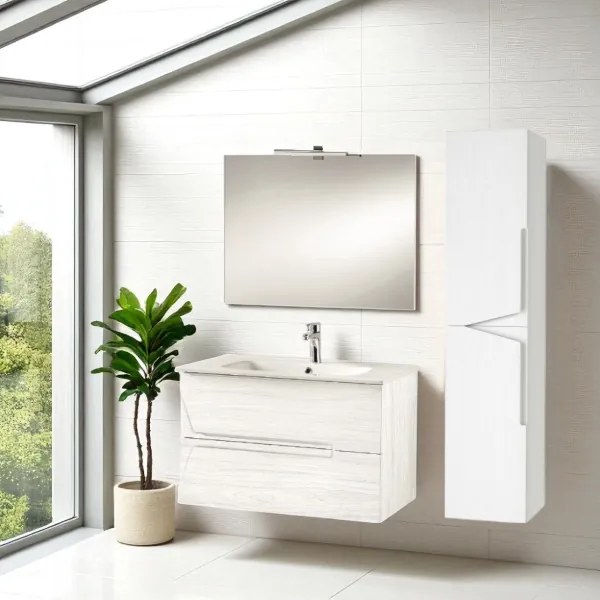 Mobile bagno sospeso HAITI 80 cm Larice Bianco specchio e lampada LED