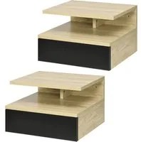 Set di 2 Comodini Sospesi Moderni con Cassetto e Mensola Superiore 35x32x22,5 cm Rovere e Nero