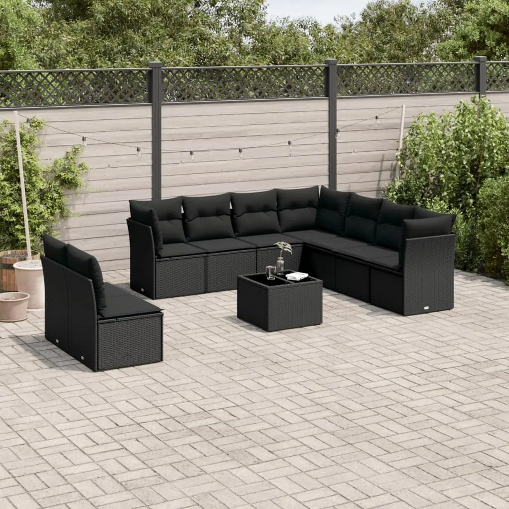 Set divani da giardino 10pz con cuscini in polyrattan nero