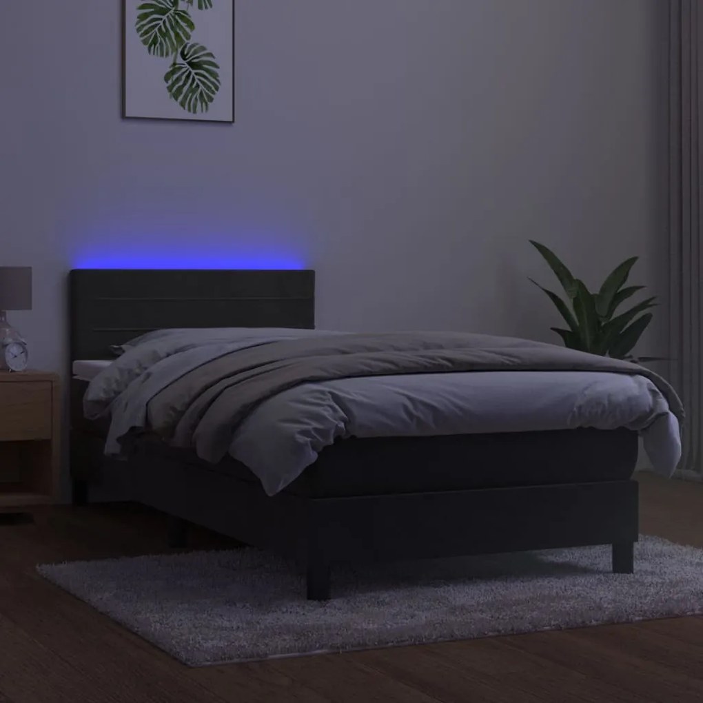 Letto a molle con materasso e led grigio scuro 80x200cm velluto