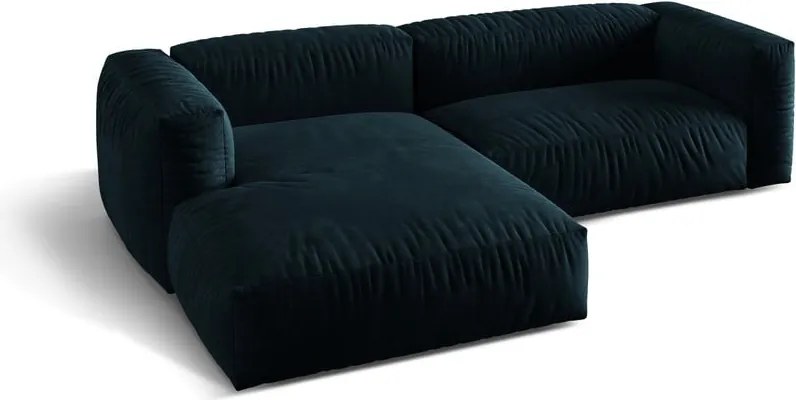 Divano angolare componibile blu scuro (con penisola a sinistra/con chaise lounge) con rivestimento in velluto Martina – Micadoni