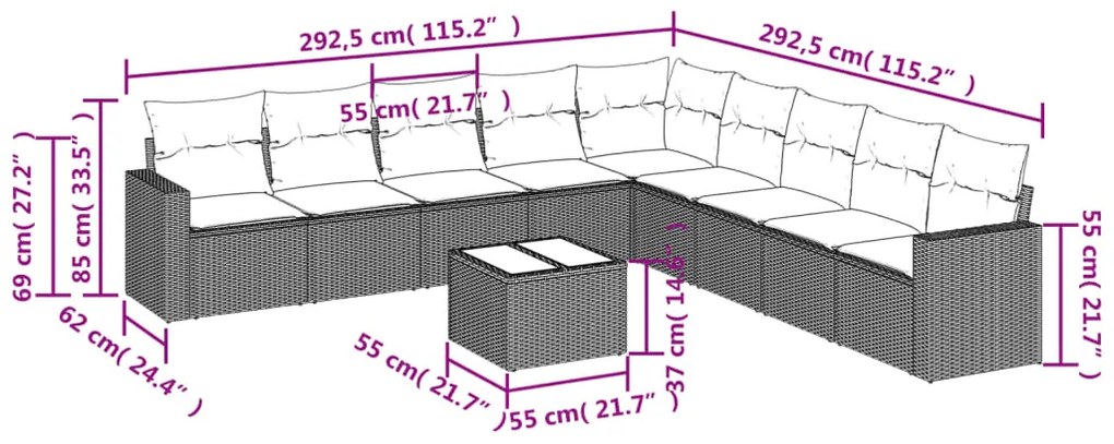 Set divani da giardino 10pz con cuscini in polyrattan nero