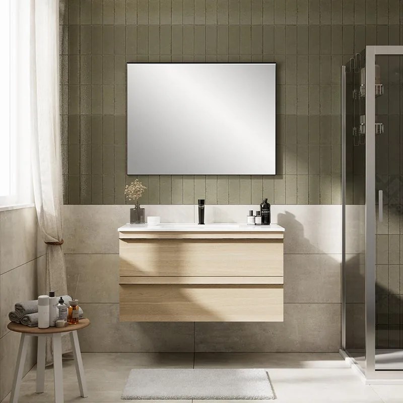 Mobile bagno da fissare con lavabo LINEA L 100 x H 55 x P 45 cm rovere natura 2 cassetti per vasca centrale effetto legno
