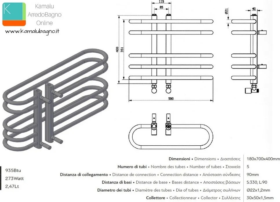 Scalda salviette termoarredo 700x400mm finitura cromata | KAM-379 - KAMALU