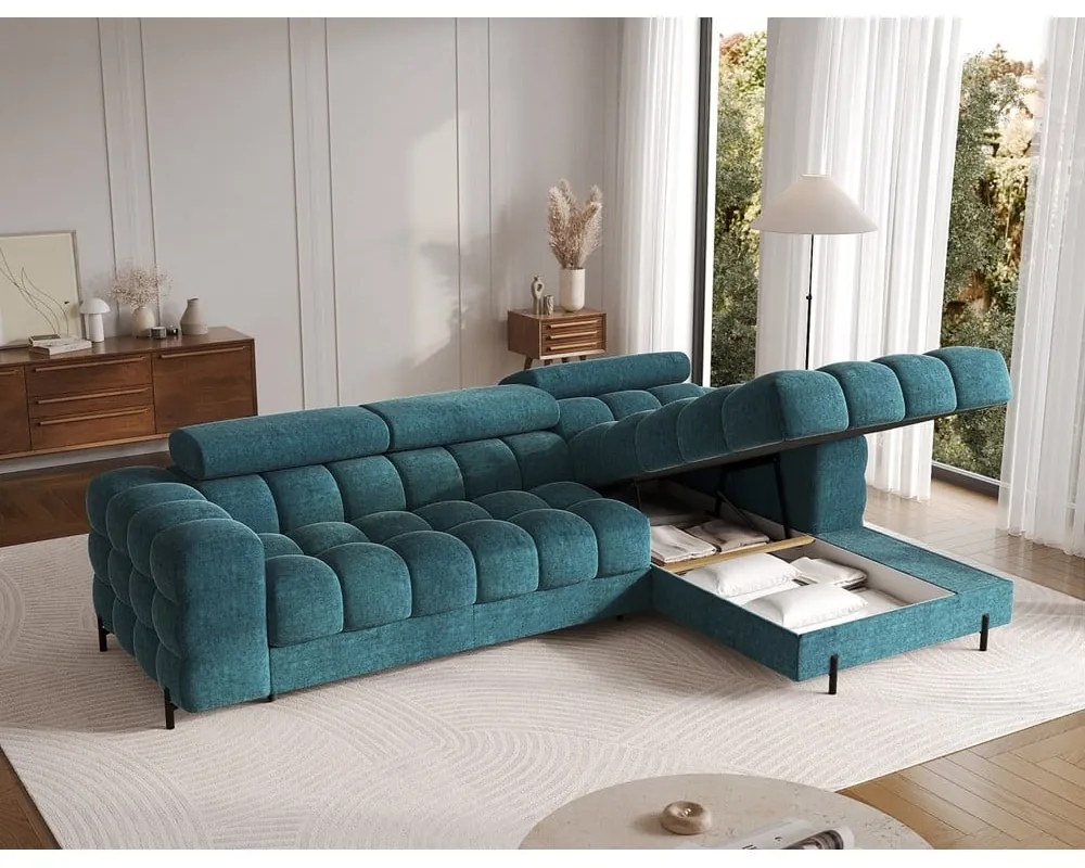 Divano angolare blu allungabile/con contenitore (con penisola a destra/con chaise lounge) con rivestimento in bouclé Felro – ELTAP