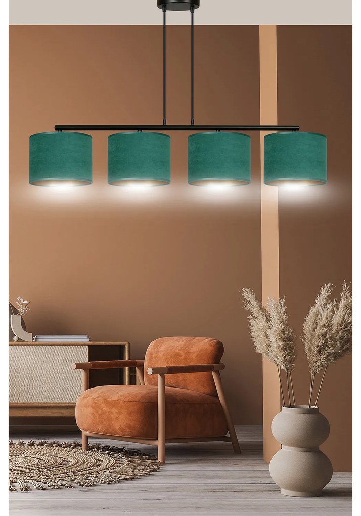Lampadario 4 Luci Ganesha In Acciaio Nero E Paralumi In Tessuto Verde