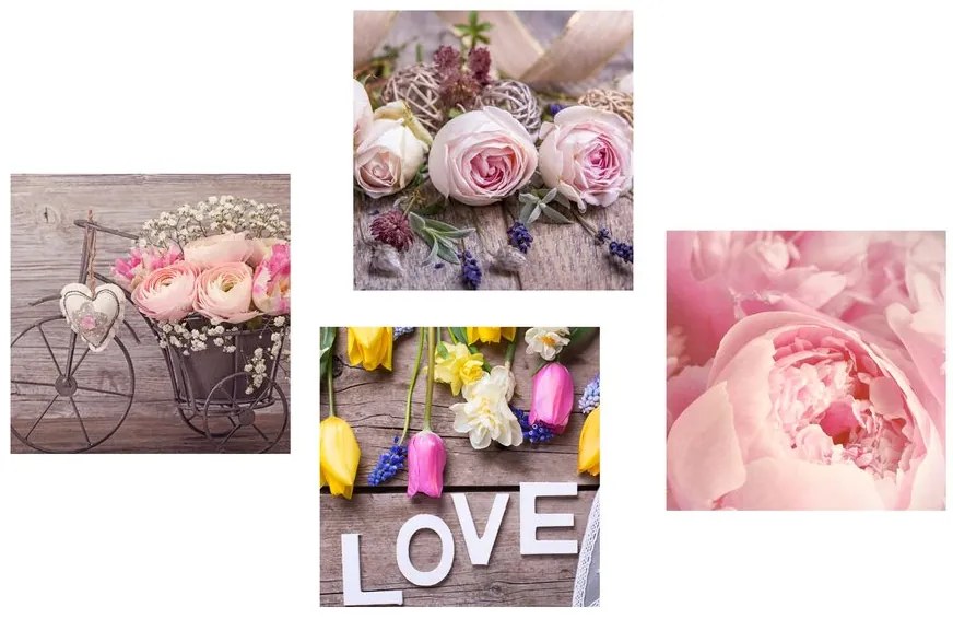 Set di quadri – Natura morta floreale delicata con scritta Love