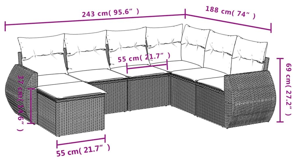 Set divani da giardino 7 pz con cuscini grigio in polyrattan