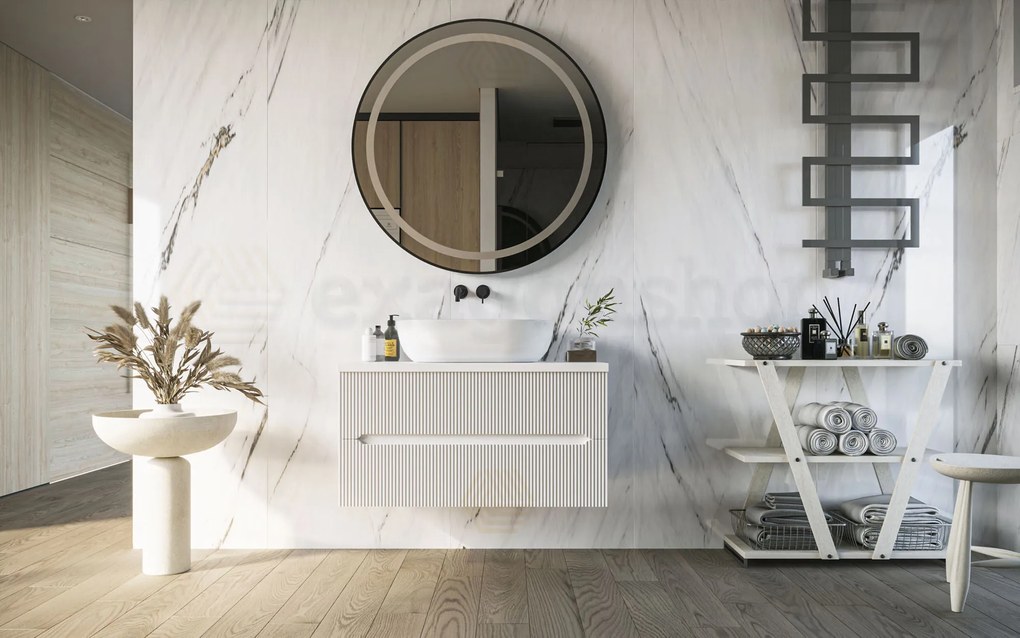 Mobile bagno bianco opaco 70x46 cannettati Urbino con ciotola da appoggio quadra in ceramica e due cassetti