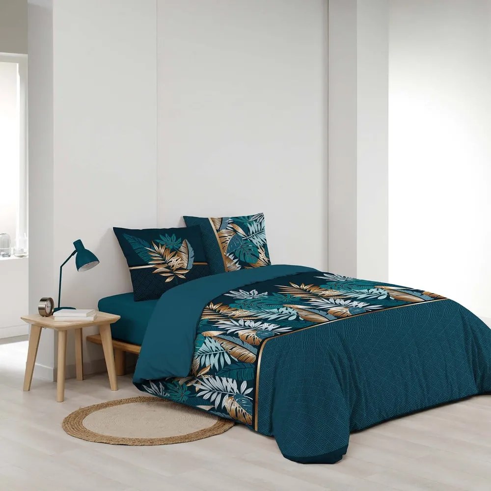 Set copripiumino e federa blu in cotone per letto matrimoniale e per letto esteso 240x220 cm Alianor – douceur d'intérieur