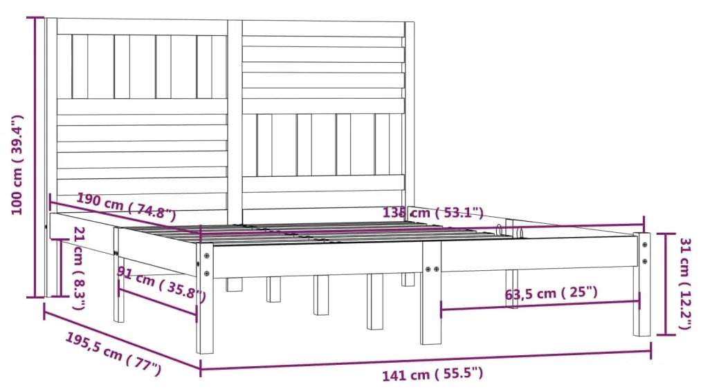 Giroletto Nero 135x190 cm Double in Legno Massello di Pino