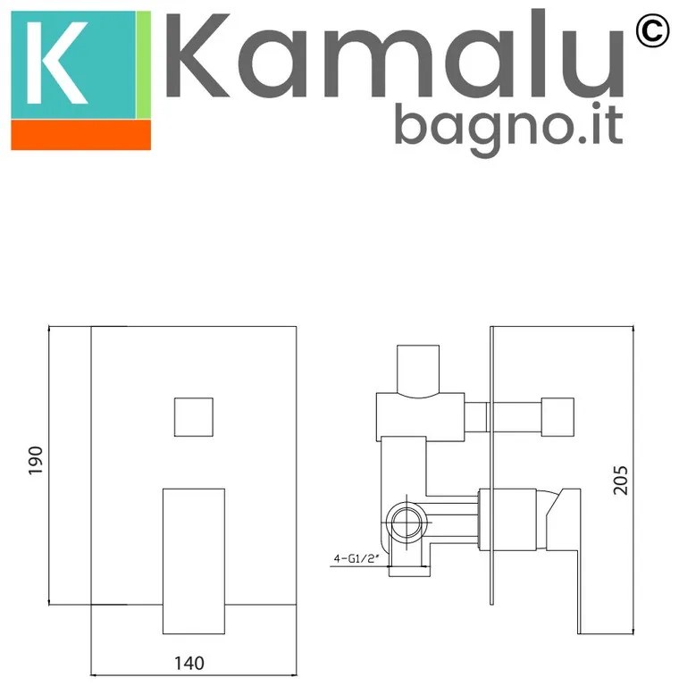 Kamalu - miscelatore doccia a muro con deviatore a 3 vie finitura nera | kam-diana nero