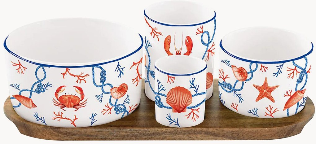 Set ciotole da portata in porcellana con vassoio in legno di acacia Cote De Mer 5 pz