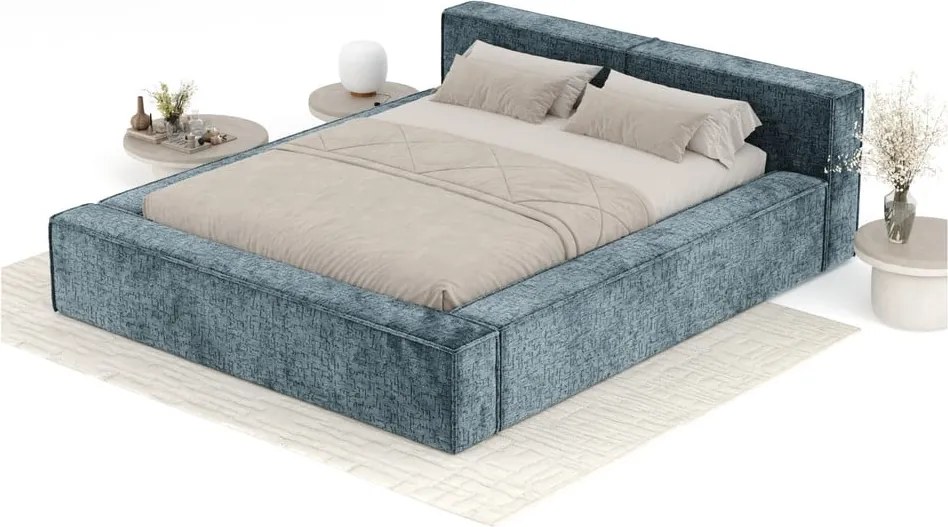 Letto matrimoniale imbottito blu polveroso con contenitore e rete inclusi 200x200 cm Voliera – Maison de Rêve