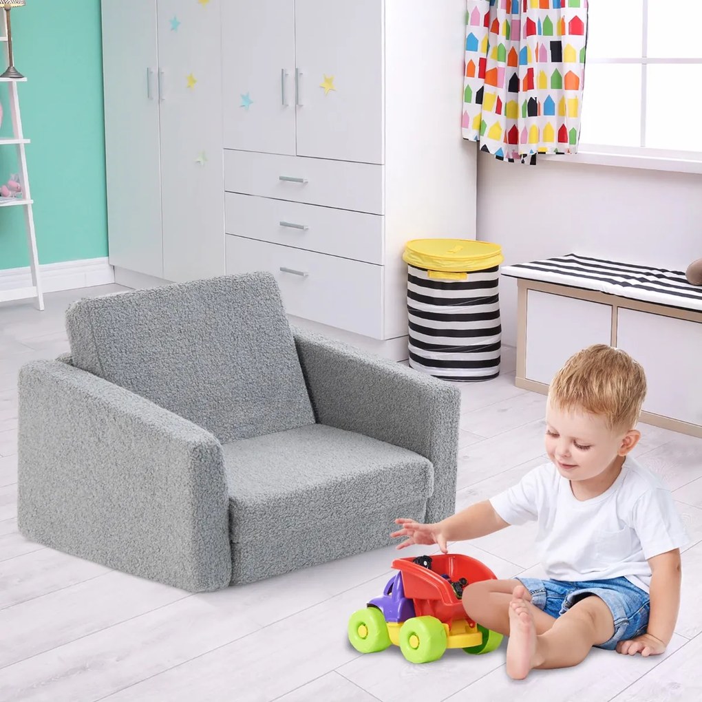 Costway Divano convertibile bambini 2-in-1 con copertura lavabile in lavatrice, Poltrona con funzione letto Grigio 2 Dimensioni