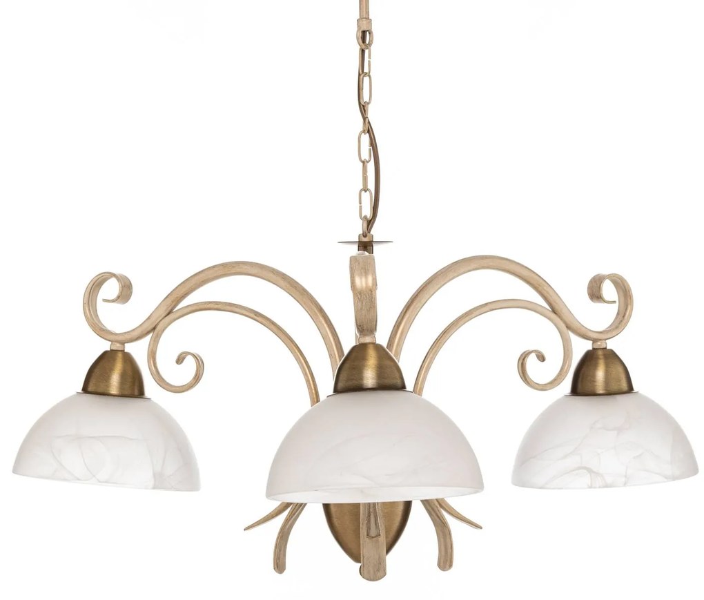 Luminex Lampadario Flora, tre paralumi in vetro, bianco/ottone