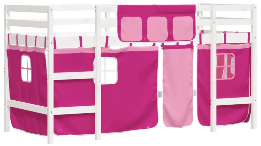 Letto a soppalco con tende bambini rosa 80x200 cm massello pino