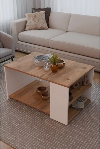 Tavolino Da Salotto Design Moderno 60x90x48 Con Vani Laterali Zeno Rovere E Bianco