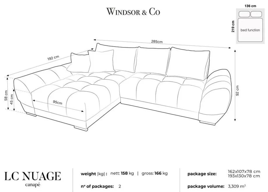 Divano letto angolare grigio con rivestimento in velluto, angolo sinistro Nuage - Windsor &amp; Co Sofas