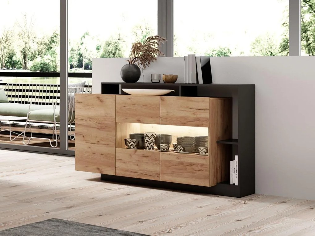 Credenza 3 ante e 3 nicchie con LED Naturale e Antracite - IDESIA