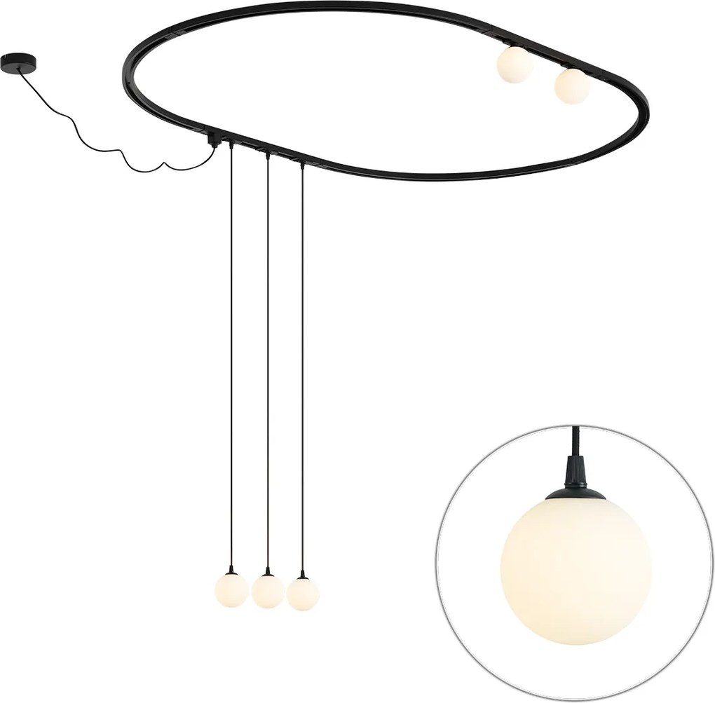 Sistema di illuminazione a binario ovale moderno nero con 3 luci a sospensione e 2 plafoniere bianche monofase - Iconic Perle