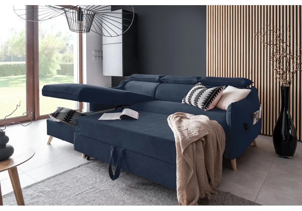 Divano letto angolare in velluto blu scuro (angolo sinistro) Sweet Harmony - Miuform