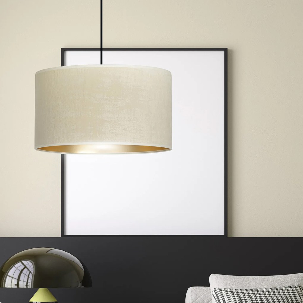 Sospensione 1 Luce Ganesha In Acciaio Nero E Paralume In Tessuto Beige