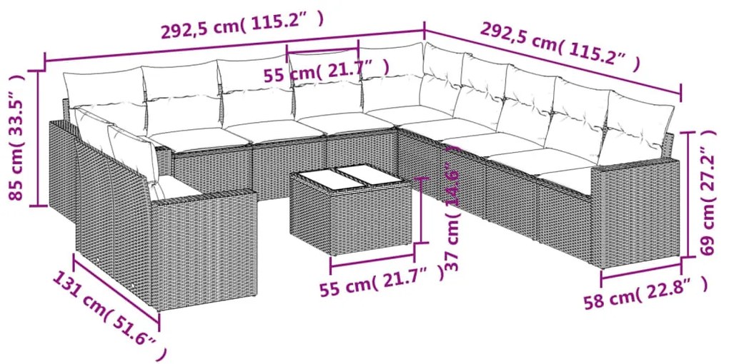 Set divani da giardino 12 pz con cuscini nero in polyrattan