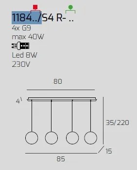 Sospensione cromo 4 luci rettangolare vetri 2x tr + 2x fu 1184cr-s4...