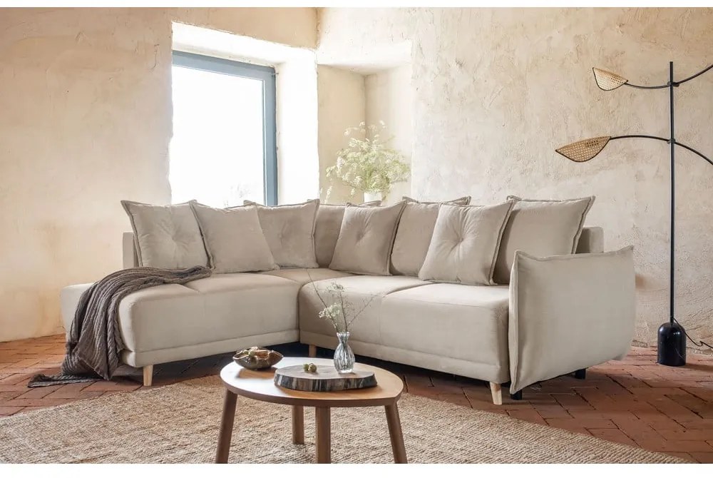 Divano letto in velluto a coste beige (angolo sinistro) Lazy Lukka - Miuform