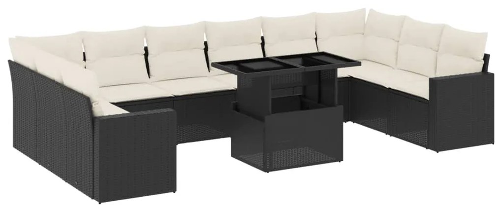 Set divani da giardino 11 pz con cuscini in polyrattan nero