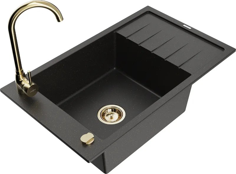 Mexen Elias lavello in granito a 1 vasca con sgocciolatoio e rubinetto da cucina Telma, nero/oro - 6511-75-670200-50