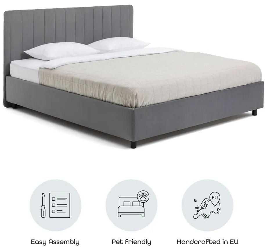 Letto matrimoniale imbottito grigio con contenitore con rete inclusa 160x200 cm Myra Slim Line – Bonami Selection