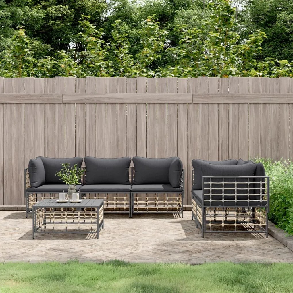 Set divani da giardino 6 pz con cuscini antracite in polyrattan