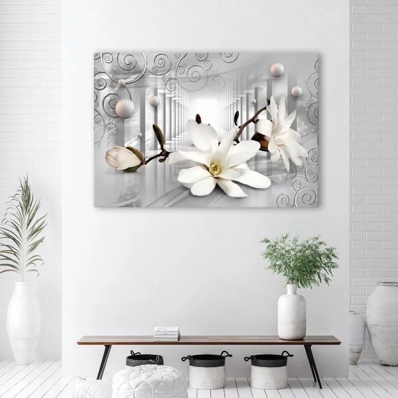 Quadro su tela, Fiori nel tunnel e palline 3D d'argento  Dimensioni Tappeti 100x70