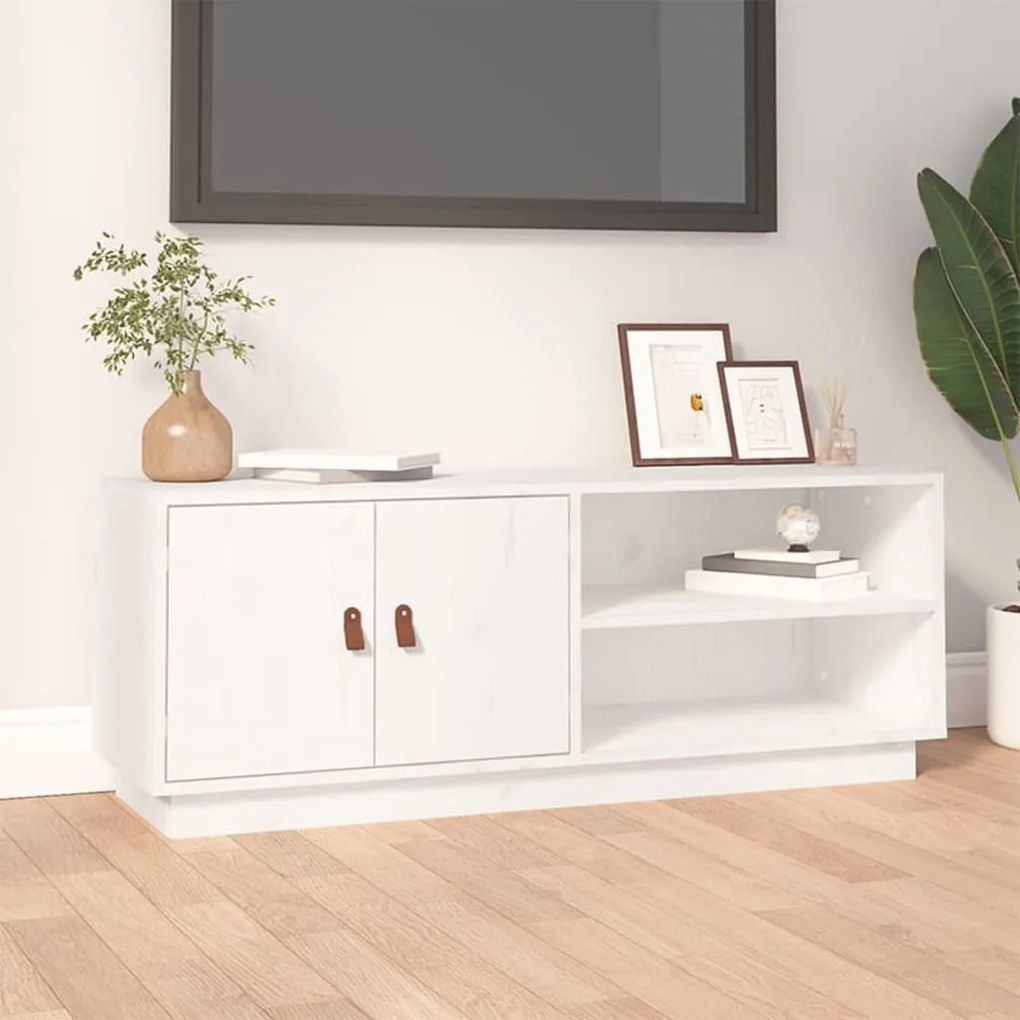 Mobile Porta Tv Bianco 105x34x40 Cm İn Legno Massello Di Pino /