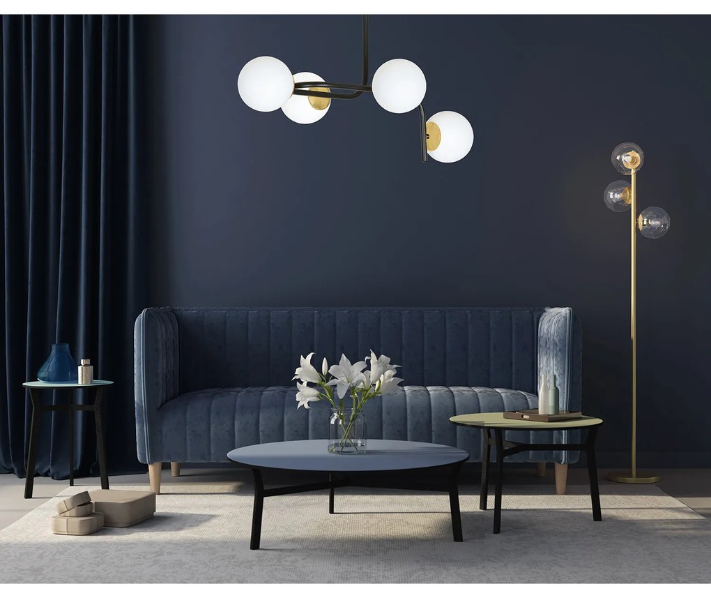 Lampadario 4 Luci Kalf Acciaio Nero A Bracci Curvi E Sfere Vetro Opalino E Oro