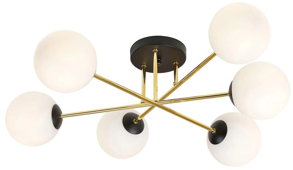 Plafoniera Moderna Magnium 6 Luci In Acciao Nero Oro E Sfere In Vetro Bianco