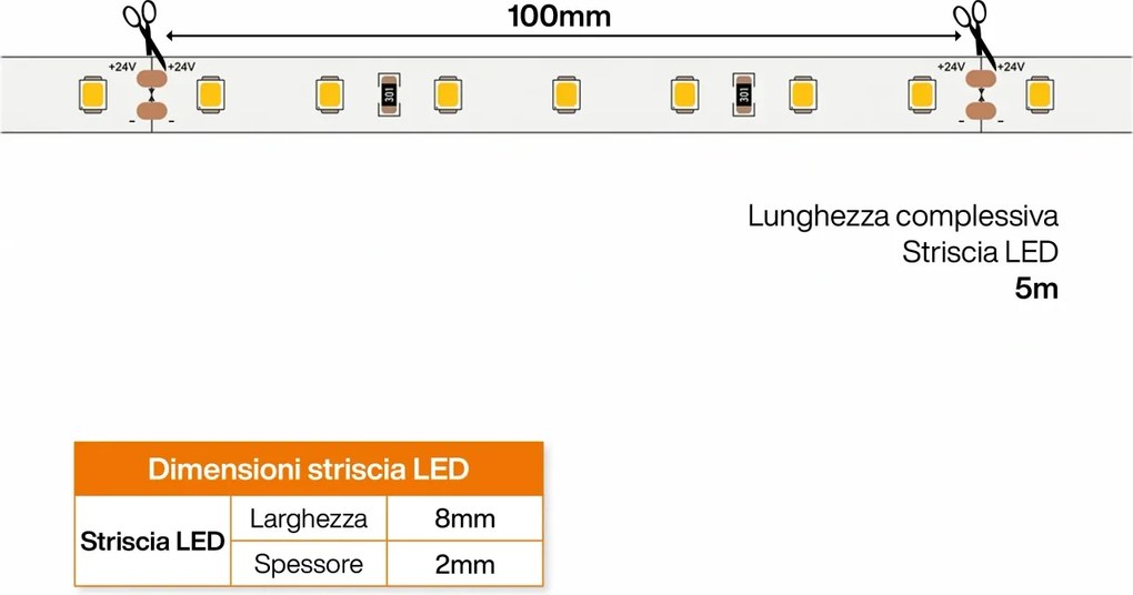 Striscia LED 24V 5W/m Alta Efficienza Professionale - IP20 - 5 metri