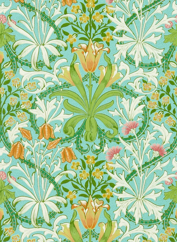 Morris & Co Carta da parati Woodland Weeds - Orange/ Turquoise