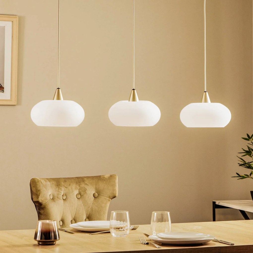 Lucande lampada a sospensione Sharvil, a 3 luci, bianco, vetro, 97cm