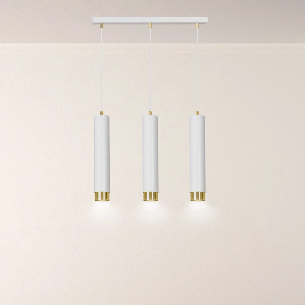 Lampadario 3 Luci Brunilde In Acciaio Bianco E Tubolari In Bianco E Oro