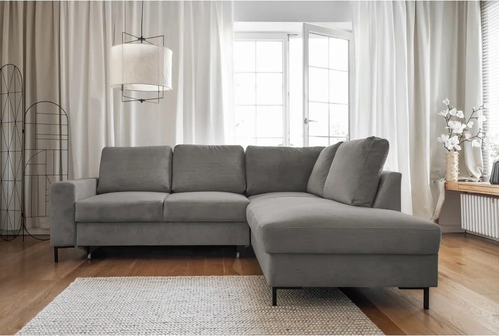 Divano letto in velluto a coste grigio (angolo destro) Lofty Lilly - Miuform