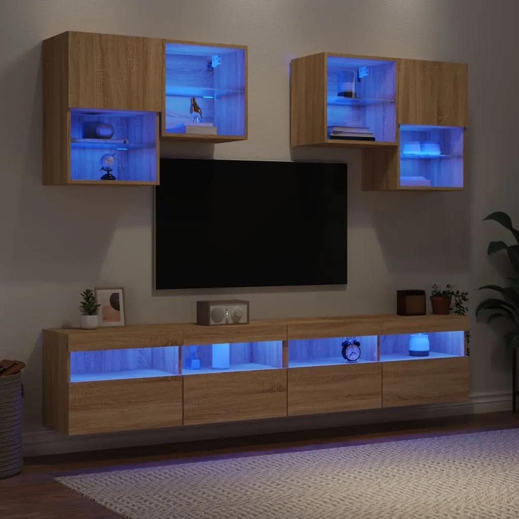 Set mobili tv a muro 6 pz con luci led rovere sonoma